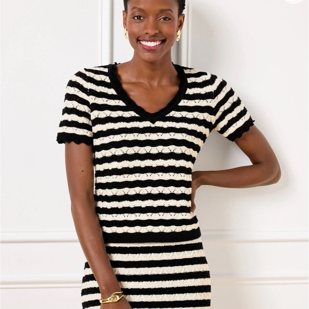 TALBOTS POINTELLE STRIPE SHORT SLEEVE SWEATER